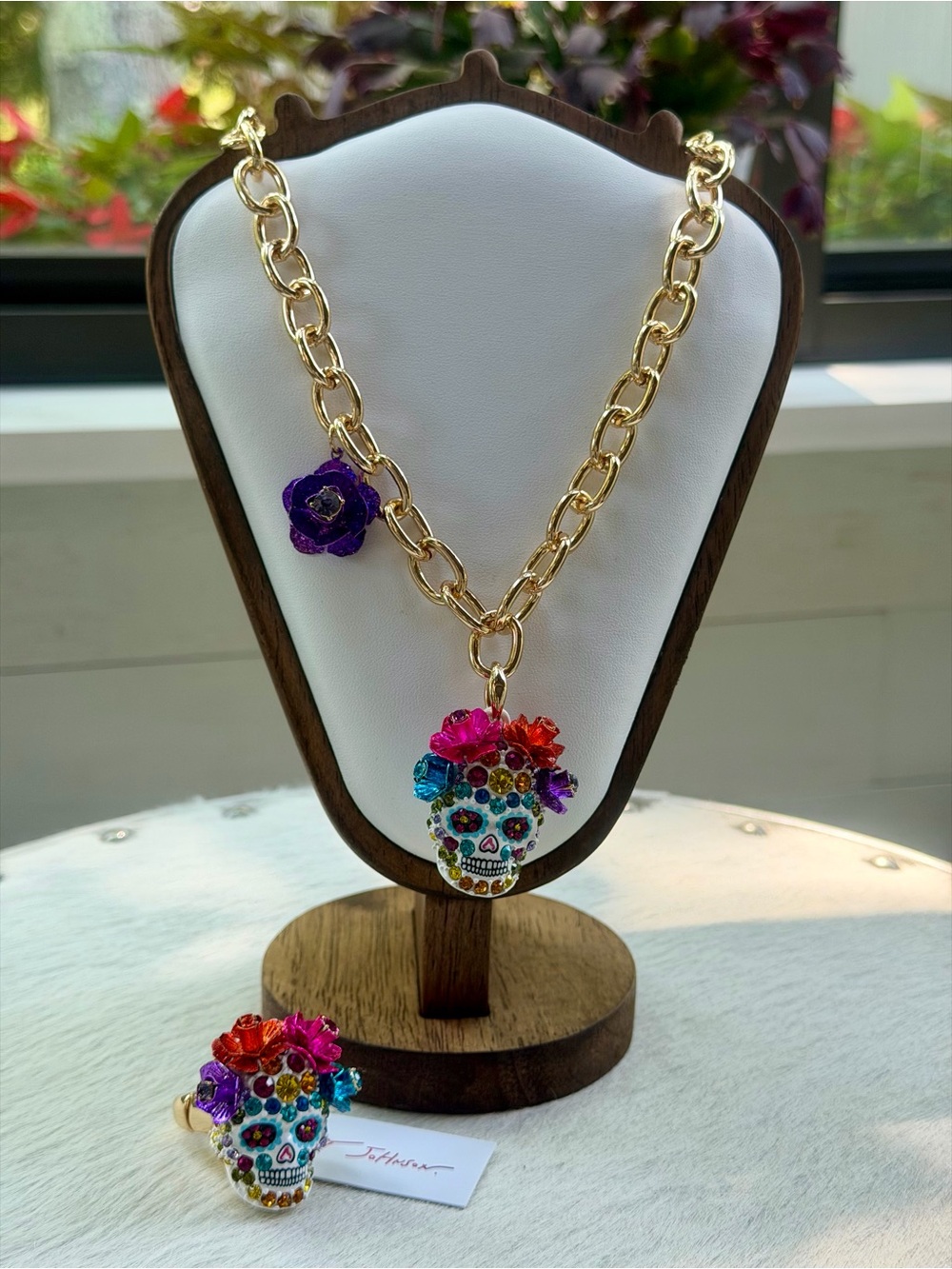 Betsey Johnson Sugar Skull Pendant Necklace + Stretch Ring Halloween Set NWT